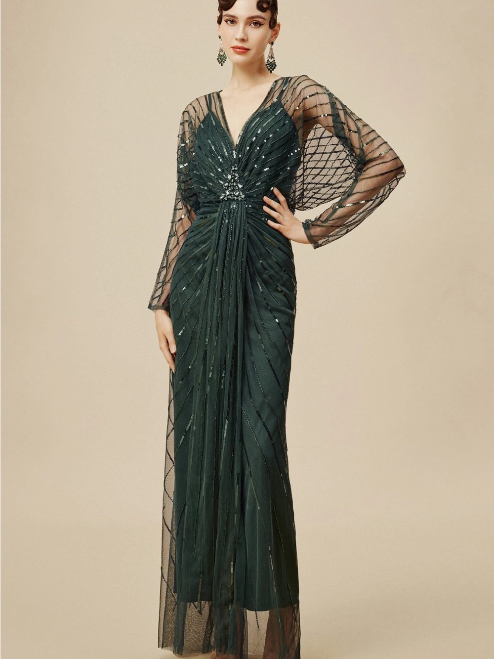 Embellished Deep Green Long-Sleeve Evening Gown